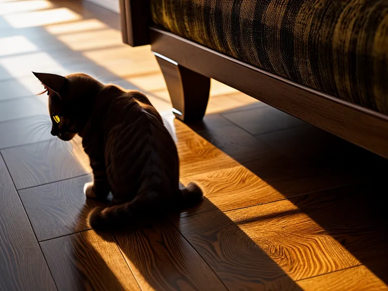 Zwei leuchtende Katzenaugen blitzen aus dem dunklen Spalt unter dem Sofa – typisches Rückzugsverhalten einer Angstkatze