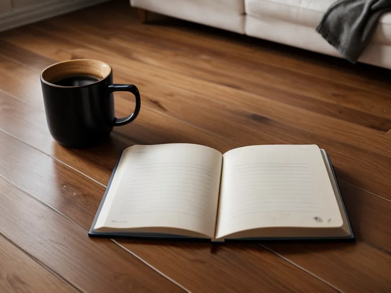 Notizbuch und kalte Kaffeetasse auf dem Parkett vor dem Sofa – Tagebuch zur Tierkommunikation mit der Straßenkatze