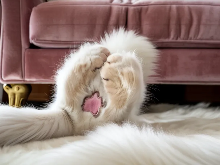 Eine einzelne Katzenpfote streckt sich vorsichtig unter einem dunklen Sofa hervor auf einen Teppich.