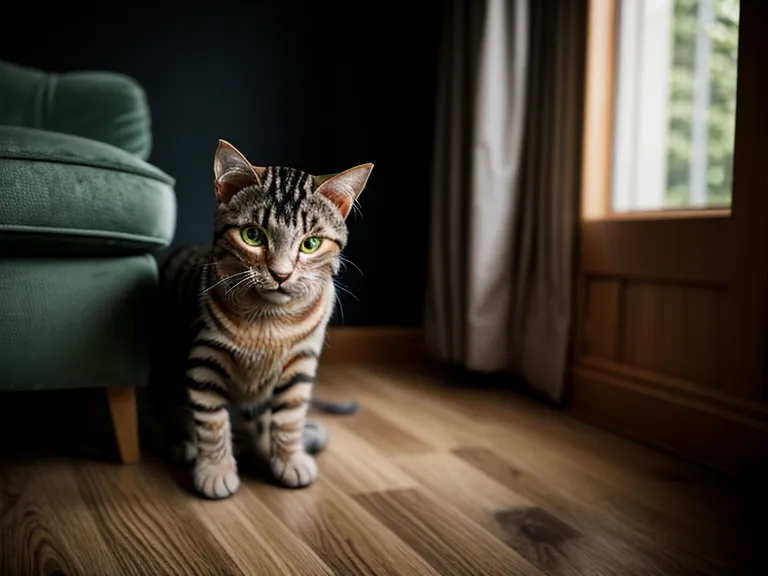 Scheue Katze versteckt sich unter dem Sofa in einer dunklen Ecke