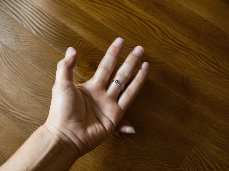 Hand auf dem Dielenparkett vor dem Sofa während einer Tierkommunikation Basis Kurs Übung mit der Tierschutzkatze