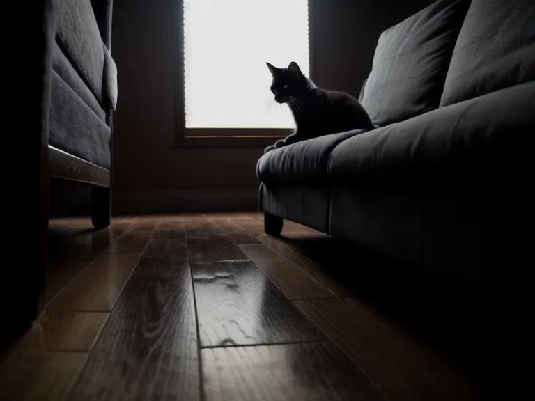 Tierschutzkatze versteckt sich im Schatten unter dem Sofa während der Eingewöhnung